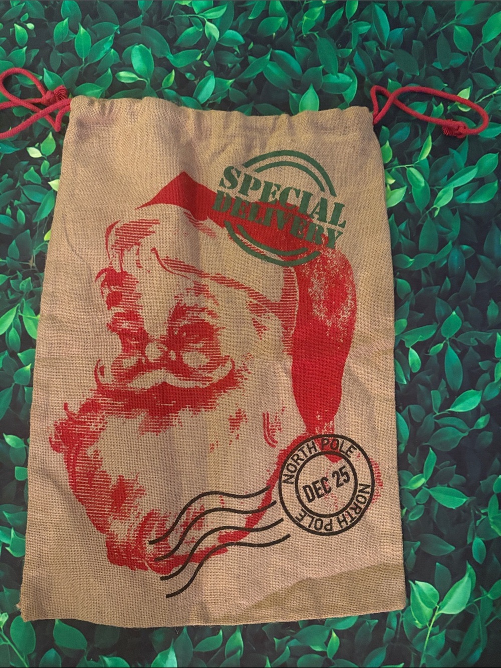 Santa Print Drawstring Gift Bag - Red on Natural
